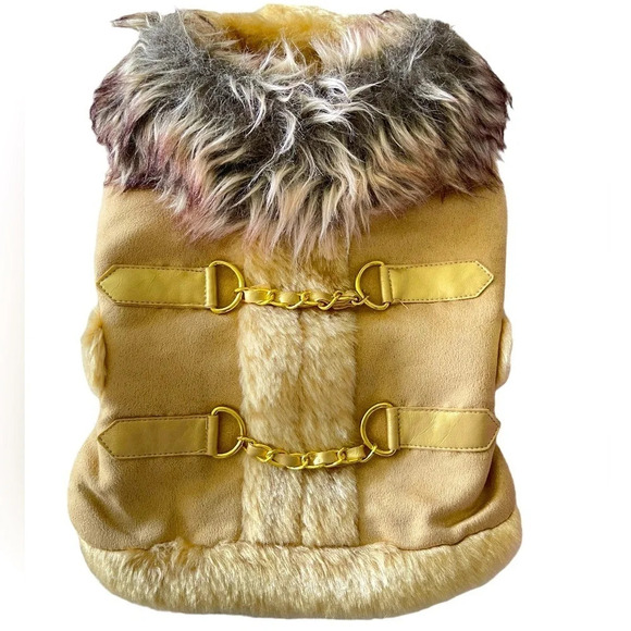New York Dog Designer Coat Faux Fur Suede Gold Hardware Elegant Wam Size XS - Picture 1 of 12